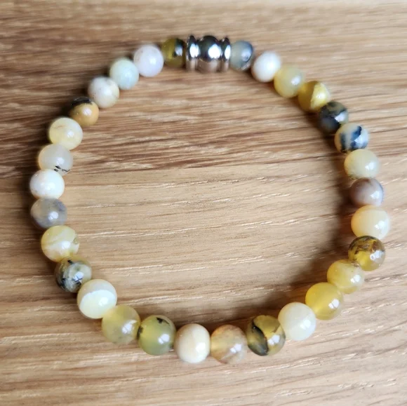 SOLD Yellow Dendritic Opal Gemstone Beads Bracelet - Picture 3 of 9
